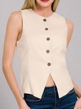 Tailored Button Front Vest – Almond Cream